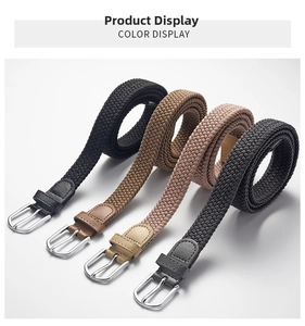 Detail of multi-color elastic woven belts with metal buckles and leather trim