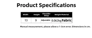 Size specifications table for vintage striped crossbody bag showing dimensions 13x9cm