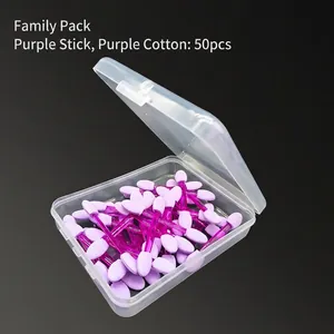 Pack of 50 double-ended sponge eyeshadow brushes in a clear storage box with purple stems