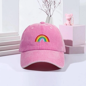 Pink washed cotton baseball cap with rainbow embroidery for men and women