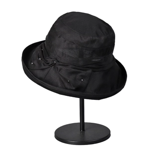 Lightweight Lyocell linen sun hat in black with elegant bow and pearl details