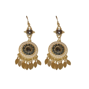 Bohemian gold tassel drop earrings with brown gemstone and white pearls