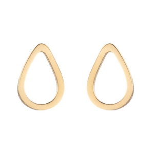 Close-up of golden teardrop hollow earrings with a smooth polished metallic finish
