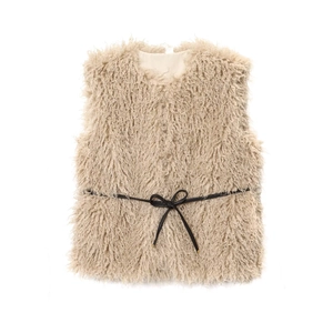 Women Faux Fur Vest Apricot Sleeveless Waistcoat With Black Belt Elegant Slim Fit Polyester Short Outerwear For Lady