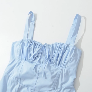 French vintage light blue summer dress with tie-back waist and delicate ruched bust details