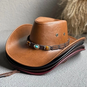 Wide brim western cowboy hat in brown faux leather with turquoise bead band decoration