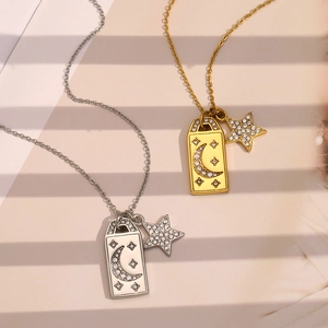 Golden and silver rectangular star and moon pendants with rhinestones on steel chains