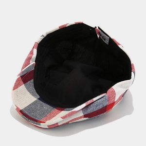 British style red blue plaid beret hat with breathable black lining and sweatband