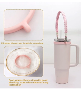 Detail of high-elastic pink silicone ring and braided handle for 40oz tumbler cup