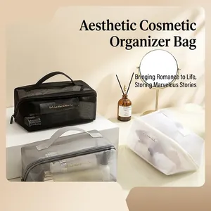 Large capacity transparent mesh cosmetic bag with top handle and Girls slogan print