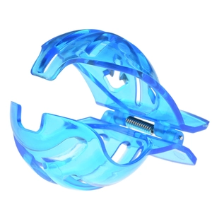Detailed close-up of a blue semi-transparent golf ball liner tool with metal spring
