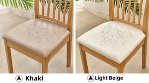 Close-up of khaki and beige waterproof PU leather chair seat covers on wooden chairs