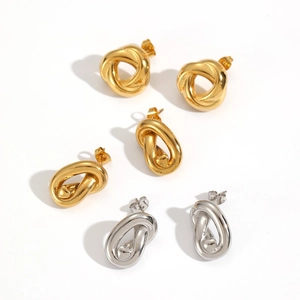 Set of 3 pairs of knotted stainless steel stud earrings in 18k gold and silver finish