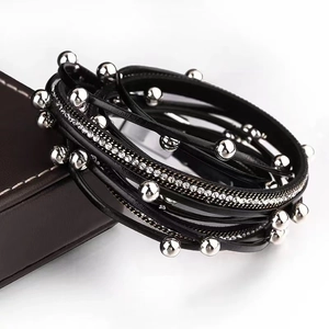 Multilayer black PU leather wrap bracelet with crystal rhinestones and silver beads