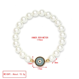 Detailed view of pearl evil eye bracelet with dimension labels 174mm and 15.3g weight
