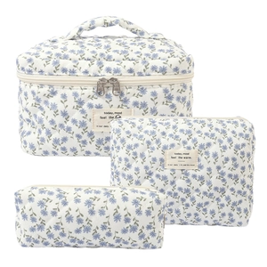 3-piece quilted cotton floral makeup bag set with blue flowers on white fabric