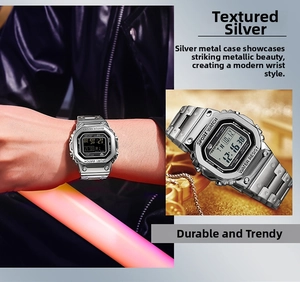 Detail of silver square digital watch with metal link strap and luminous display