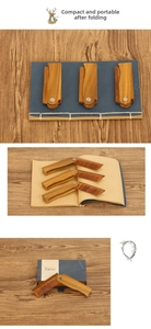 Folding sandalwood beard comb showing open and closed states on a vintage wooden desk