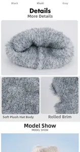 Macro shot of fluffy faux fur texture and rolled brim on a winter thermal hat