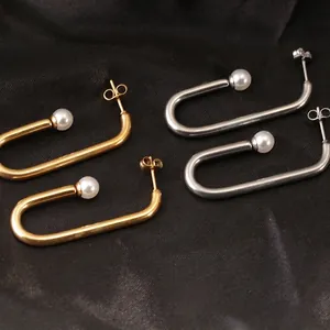 U-Shaped Artificial Pearl Stud Earrings Stainless Steel French Minimalist Modern Geometric Chic Jewelry For Women