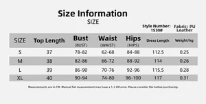 Size chart for women's PU leather set with measurements for S to XL sizes in CM and KG