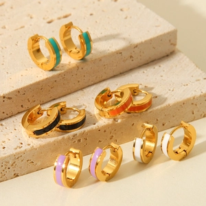 Set of five 18K gold plated stainless steel hoops with colorful enamel finish on stone steps