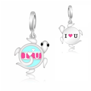 Silver turtle charm pendant with blue pink enamel and I Love You engraving for bracelet