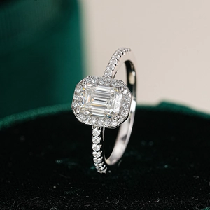 Emerald cut moissanite ring with halo setting and side stones in S925 sterling silver