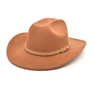 Caramel wide brim wool felt jazz fedora hat with a tan leather belt buckle detail