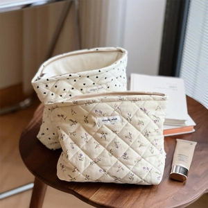 Detailed view of quilted cotton cosmetic bags with heart and floral patterns