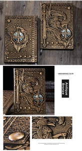Close-up of 3D embossed fantasy warrior cover on antique green bronze journal