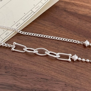 Polished S925 sterling silver geometric U-link chain necklace with ball bead pendant