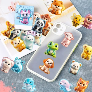 Variety of cute 3D cartoon animal stickers shown on a phone case and textured surface