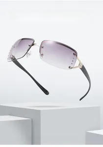Macro detail of rimless sunglasses with purple gradient lenses and sparkling rhinestones