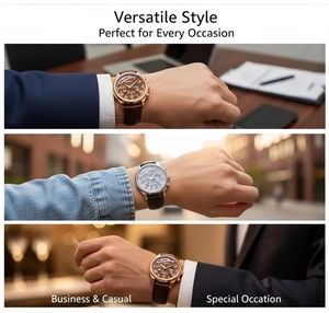 Men's quartz business watch shown in professional office and formal dinner scenarios