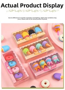 Close-up of cute dessert-shaped erasers including ice cream and donuts in a gift box