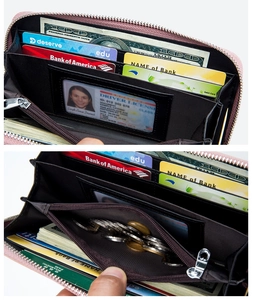 Detail view of pink leather long wallet showing multi-card slots and zippered coin pocket