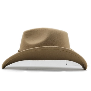 Front view of khaki wool felt fedora with curved brim and western cowboy style