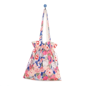 Artistic oil painting floral canvas tote bag with pink rose patterns and drawstring