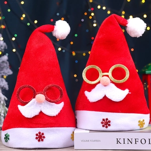 Christmas velvet hat with white beard and gold glitter glasses for holiday party decor