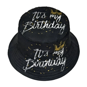 Black bucket hat with It's my Birthday crown print for summer sun protection