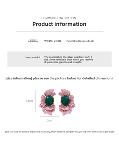Detail showing weight and dimensions of pink flower earrings with green glass beads