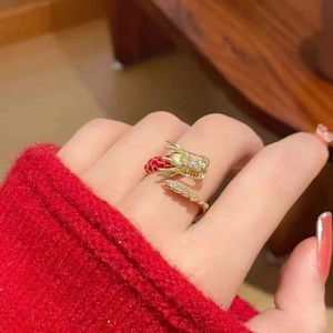 Anillo Abierto De Dragón Chino Chapado En Oro De 18K Cobre Esmalte Rojo Circonita Blanca Ajustable Joyería Mujeres