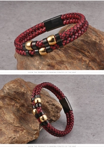 Detailed macro view of double-layer red and black braided leather bracelet with gold beads