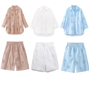 Camicia E Pantaloncini Ricamo Inglese Donna Misto Cotone Camicetta Maniche Lunghe Risvolto Vita Elastica Casual Elegante