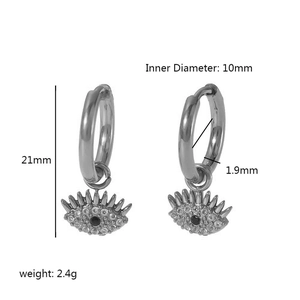 Detailed view of evil eye hoop earrings in silver stainless steel with zircon stones