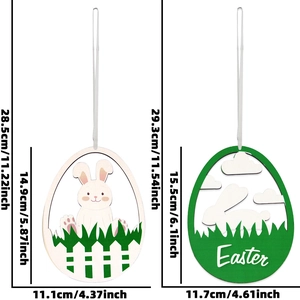 Wooden Easter egg pendant ornaments with cartoon rabbit design and measurement details