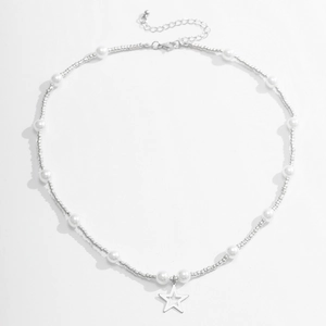 Beaded necklace with pearls and hollow star pendant, hip hop style jewelry for men