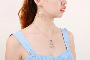 Polished silver stainless steel jewelry set featuring round pendant necklace and earrings
