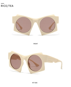 Detail view of cream geometric sunglasses with tea lenses from front and side angles